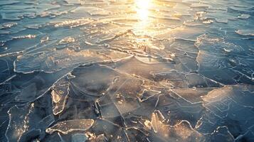 A frozen lake features stunning, intricate ice formations spread across its surface, bathed in the warm glow of the setting sun that casts shimmering reflections. photo
