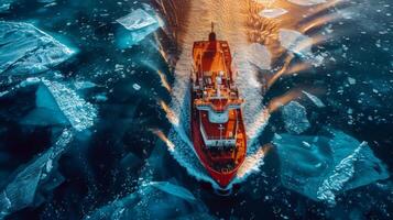 An icebreaker ship powers through icy sea waters during sunrise, leaving a trail behind as it navigates among large floating ice pieces in the Arctic. photo