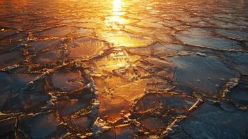Sunlight casts a golden hue on cracked ice, creating a stunning visual effect. The icy landscape captures the essence of winter as the day transitions to evening. photo