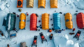Vibrant tents in shades of orange and blue are arranged on a snowy landscape, accompanied by snowmobiles and gear, indicating an active camp in a remote winter environment. photo