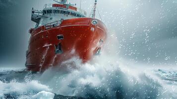 An icebreaker ship battles fierce waves and heavy snow in a polar region at dawn, showcasing the power of maritime engineering amid harsh weather conditions. photo