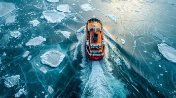 A small red boat moves swiftly through frozen waters, creating a wake as it maneuvers around large ice chunks under a bright sky during the day. photo