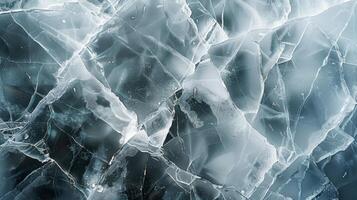 Cracks and fissures run through the surface of a frozen lake, showcasing a beautiful natural design that reflects the cool winter environment and sunlight filtering through the ice. photo