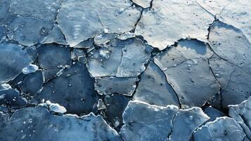 Fragments of thick ice lie scattered on the surface of a frozen lake, reflecting light and creating intricate patterns under the winter sun. photo