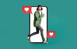 A person joyfully interacts with a smartphone, where text messages pop up. The imagery captures the essence of modern dating, filled with emotion and engagement on social media platforms. photo