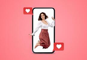 A joyful person leaps within a smartphone, surrounded by heart icons, symbolizing love and connection during Valentine's Day. The vibrant backdrop enhances the theme of romance and social interaction. photo