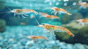 Numerous vibrant shrimp are swimming in a transparent underwater habitat filled with small pebbles and rocks, creating a lively marine atmosphere. photo