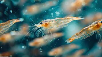 Shrimps are seen swimming in a clear ocean environment, with sunlight filtering through the water, illuminating their translucent bodies and fine details as they move fluidly. photo