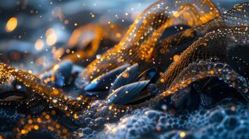 Golden light dances across waves while shells and sea creatures rest among swirling water. The soft foam enhances the enchanting atmosphere of the shoreline at dusk. photo
