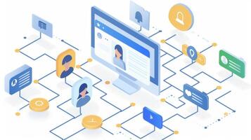 A vibrant digital networking platform highlights various user profiles, messages, and notifications arranged in a dynamic, interconnected layout, representing online communication at its core. photo