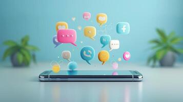 Colorful speech and social media icons are displayed above a sleek smartphone resting on a flat surface, surrounded by small green plants, symbolizing online communication. photo