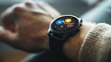 A sleek smartwatch with vibrant notifications is prominently featured on a wrist. The setting reflects a warm, inviting atmosphere during the daytime, emphasizing comfort. photo
