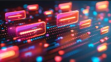 Vibrant neon lights and abstract shapes create a dynamic visual representation of technology in a modern setting during a digital art event, showcasing innovation and creativity. photo