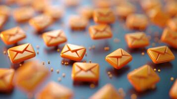 A vibrant arrangement of orange email icons lies scattered across a blue background, symbolizing digital communication and connectivity in a dynamic visual setting. photo