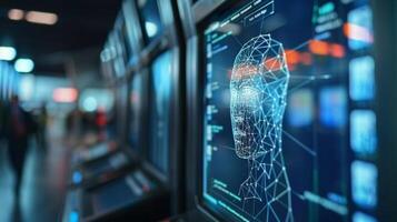 Displays with digital human faces showcase AI technology, attracting attention with their detailed graphics and modern design. photo