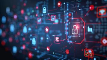 A diverse range of digital icons illustrating security measures and technology are displayed on a dark background, emphasizing the importance of data protection and privacy. photo