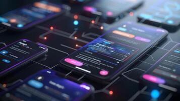 Various smartphones arranged on a sleek surface show colorful app interfaces, illuminated by soft lighting in a futuristic digital workspace environment. photo
