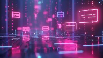 A mesmerizing depiction of a digital realm filled with glowing neon rectangles, shimmering reflections on a sleek surface, and vibrant light patterns illuminating the atmosphere. photo