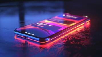 A smartphone is lit up with vivid notifications, showcasing bright colors on the screen while resting on a dark and reflective surface, creating a dynamic and modern atmosphere. photo