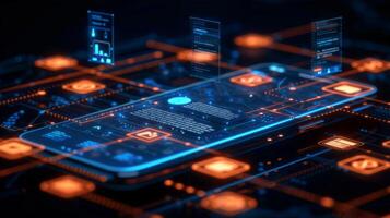 A detailed visualization showcases a smartphone with an illuminated interface surrounded by vibrant data icons and graphics, highlighting modern technology's interaction and connectivity. photo