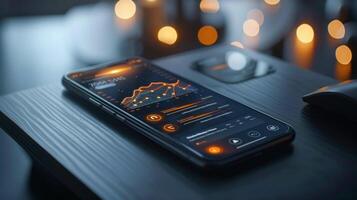 Digital device showcases various financial trends and statistics on its screen, illuminated by warm candlelight in a tranquil evening setting, creating a relaxing workspace atmosphere. photo