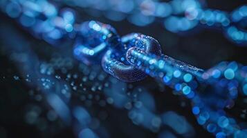 A detailed view of a blue chain links intertwined, capturing the light reflecting off its surface. The vibrant hues and textures create a unique visual appeal. photo