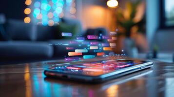 A smartphone rests on a wooden surface with colorful notifications floating above it, displaying a seamless blend of technology in a warm living room ambiance during the evening. photo
