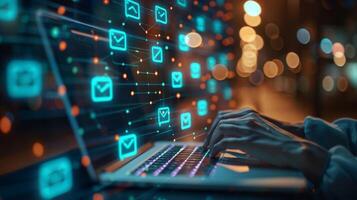 Hands are actively typing on a laptop in a dimly lit space filled with glowing email icons. The background features blurred urban lights, enhancing a modern technological atmosphere. photo
