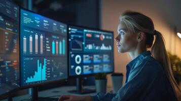 In a contemporary office setting, a dedicated data analyst is intensely focused on analyzing various digital dashboards and statistical reports displayed on multiple computer screens, late at night. photo