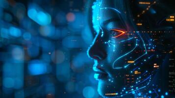 A woman with a thoughtful expression has her face illuminated by glowing blue lines that resemble circuitry, highlighting the intersection of technology and human emotion in a digital landscape. photo