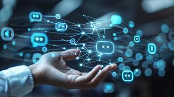 A hand extends outward, surrounded by glowing chat symbols and connection lines, representing the fusion of technology and conversation in a contemporary setting photo