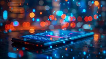 A smartphone rests on a dark wooden surface, brightly lit by glowing notifications, while colorful city lights create a bokeh effect in the background during nighttime. photo