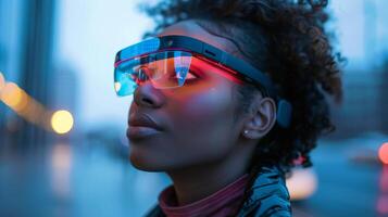 A woman is exploring the city while wearing futuristic smart glasses that display vibrant lights. The evening ambiance enhances the blend of technology and urban life. photo