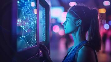 A woman closely examines an illuminated digital display in a vibrant city at night, immersed in a world of technology and colorful lights that enhance the atmosphere. photo