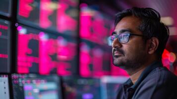 A professional in glasses concentrates on various screens filled with colorful data during a late night shift at a cybersecurity firm, showcasing a high tech environment. photo