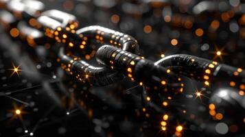 Glowing chain links intertwine, illustrating digital connectivity and security in a dark, tech inspired setting with sparkling lights enhancing the atmosphere. photo