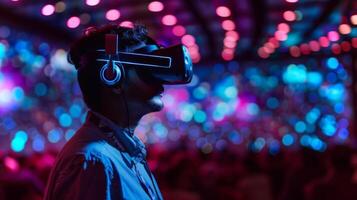 A participant explores a virtual reality headset at a bustling technology event, surrounded by colorful lights and an enthusiastic crowd enjoying the innovative displays. photo