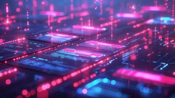 A visually striking digital environment presents interconnected data panels illuminated by bright pink and blue lights, evoking a sense of technology and innovation in an advanced realm. photo