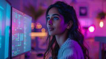 A focused woman works on programming while sitting at a desk, surrounded by colorful lighting in a modern workspace. The atmosphere is creative and energetic. photo