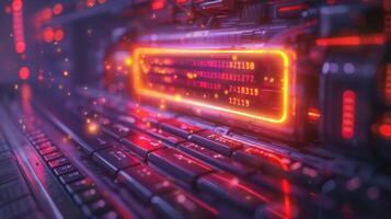 A workstation illuminated by vibrant colored lights displays intricate circuitry and glowing elements, highlighting the complexity of technology during evening hours. photo