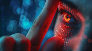 A close up view of a human eye enhanced with vivid red and blue digital patterns, highlighting the interaction between technology and human senses in a dark background. photo