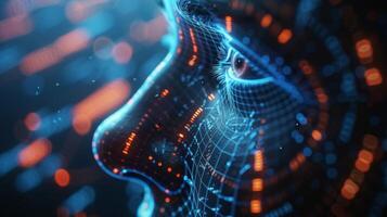 A digital depiction of a human face is intricately designed with glowing data patterns and vibrant colors, symbolizing the intersection of technology, art, and human expression. photo