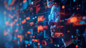 A young individual with glasses observes a vibrant digital display glowing with data visualizations and information. The setting presents a tech focused ambiance at night. photo