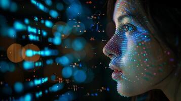 A woman gazes thoughtfully as colorful digital data projections illuminate her face, creating intricate patterns. The blurred city lights enhance the futuristic atmosphere. photo