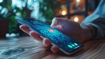 A user interacts with a smartphone displaying a vivid design while seated at a wooden table. The environment features plants and warm lighting, creating a relaxed atmosphere. photo