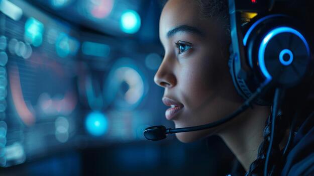 A gamer deeply concentrated on gameplay, wearing a headset and staring intently at multiple screens displaying vibrant graphics and data. The atmosphere is filled with glowing lights. photo