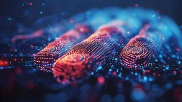 Glowing digital fingerprint patterns create a striking visual effect in blue and red hues, representing advancements in biometric security and technology in a modern setting. photo