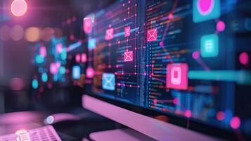 A detailed view of a computer screen, showcasing colorful graphics and icons that symbolize data flow and communication in a modern tech workspace during evening hours. photo