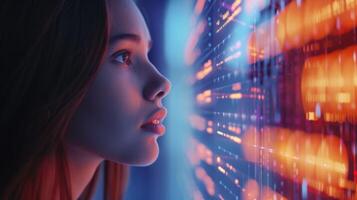A young woman stands captivated, observing an array of bright digital data patterns in a dark, futuristic environment, showcasing the intersection of technology and emotion. photo