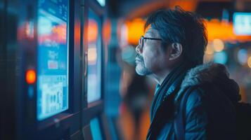 A man stands intently focused on digital screens in an urban area during the evening. The colorful glow of the screens illuminates his pensive expression. photo